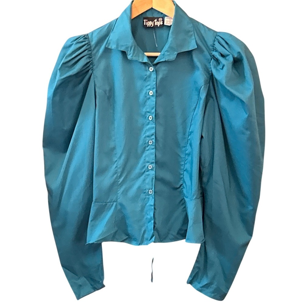 Vintage Tippy Tops Puff Sleeve Blouse 80s Power Dressing Victorian Revival Teal
